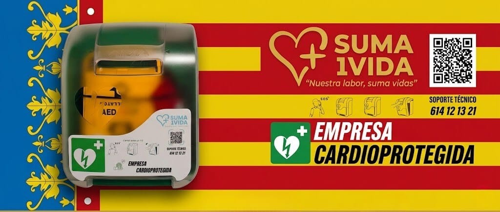 Desfibrilador DEA cardioprotegido en la Comunidad Valenciana con la bandera valenciana de fondo