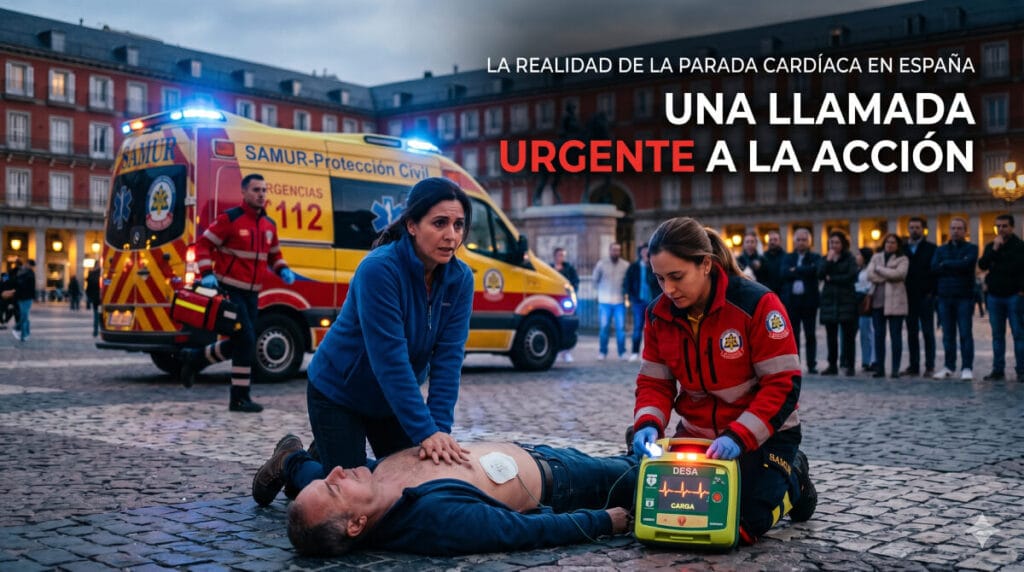 Persona realizando maniobras de RCP junto a un desfibrilador durante una emergencia cardíaca en España