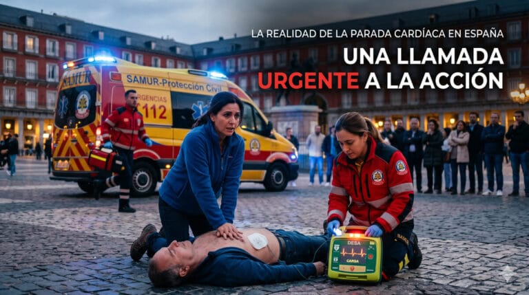 Persona realizando maniobras de RCP junto a un desfibrilador durante una emergencia cardíaca en España
