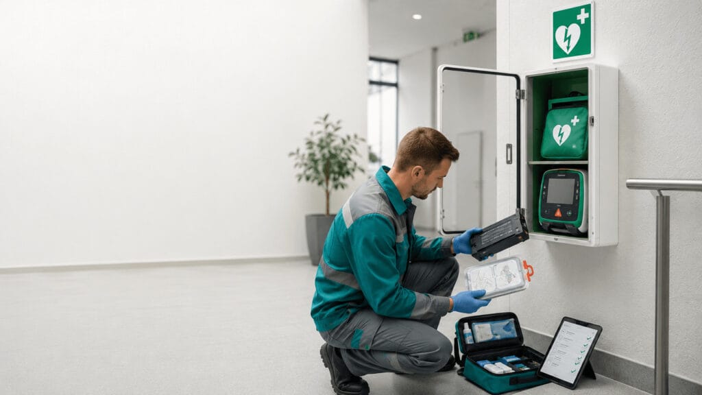 Técnico revisando batería y electrodos de un desfibrilador DEA/DESA durante el mantenimiento preventivo